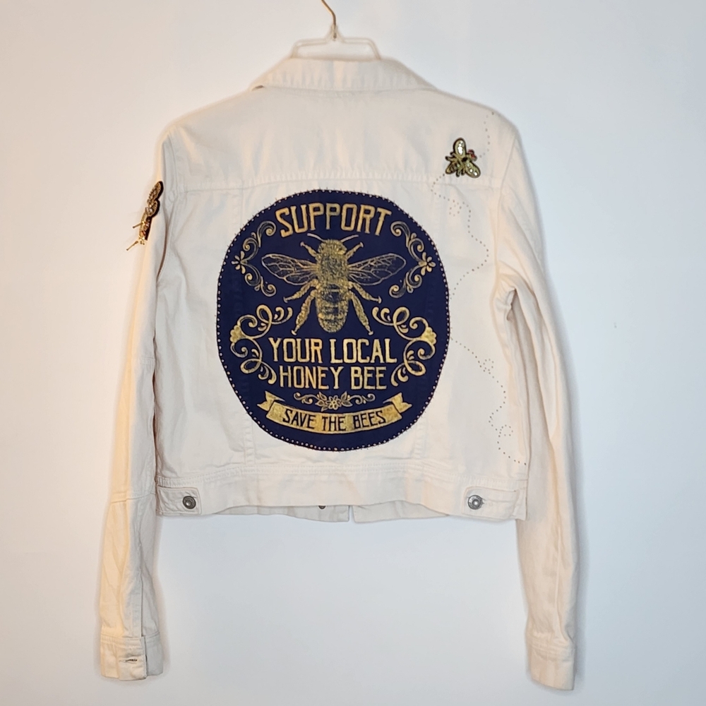 Honey Bees Upcycled Denim Jacket Wearable Art Free People Small